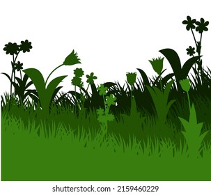 Blooming summer meadow. Dense grass and wildflowers. Rural landscape. Fun cartoon style. Isolated on white background. Vector.