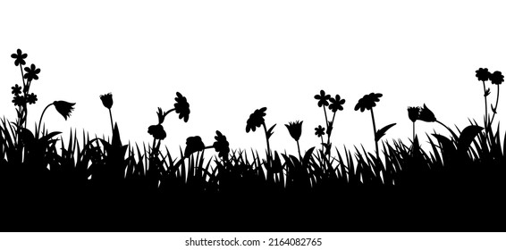 Blooming summer meadow. Dense grass and wildflowers. Rural landscape. Fun cartoon style. Isolated on white background. Silhouette picture. Vector.