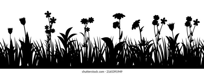 Blooming summer meadow. Dense grass and wildflowers. Rural landscape. Fun cartoon style. Isolated on white background. Horizontal seamless illustration. Silhouette picture. Vector.