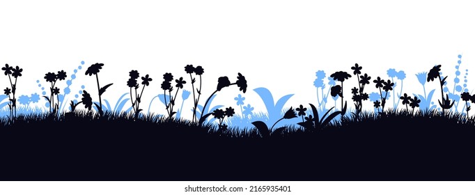 Prado de verano floreciente. El pasto denso y las flores silvestres. Paisaje rural. Divertido estilo de caricatura. Aislado sobre fondo blanco. Vector.