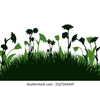 Blooming summer meadow. Dense grass and wildflowers. Rural landscape. Fun cartoon style. Isolated on white background. Vector