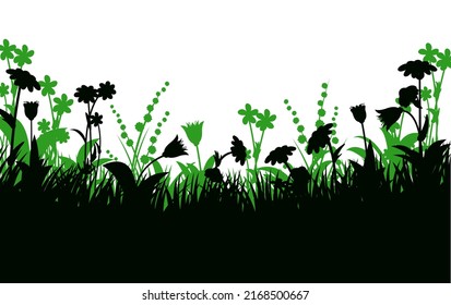 Blooming summer meadow. Dense grass and wildflowers. Rural landscape. Fun cartoon style. Isolated on white background. Vector