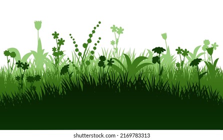 Prado de verano floreciente. El pasto denso y las flores silvestres. Paisaje rural. Divertido estilo de caricatura. Aislado sobre fondo blanco. Ilustración horizontal sin fisuras. Vector