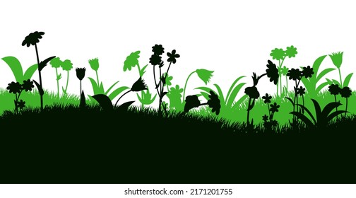 Blooming summer meadow. Dense grass and wildflowers. Rural landscape. Fun cartoon style. Isolated on white background. Horizontal seamless illustration. Vector.