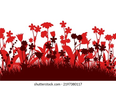 Blooming summer meadow. Dense grass and wildflowers. Rural landscape. Fun cartoon style. Isolated on white background. Vector.