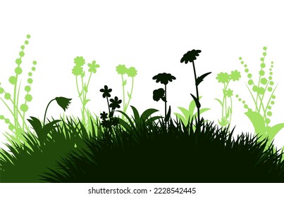 Blooming summer meadow. Dense grass and wildflowers. Rural landscape. Fun cartoon style. Isolated on white background. Vector.