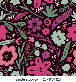 Blooming summer meadow with different flowers and herbs. Floral seamless pattern with various plant elements on a dark background. Fashion prints. Hand drawn vector illustration in Scandinavian style