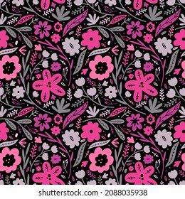Blooming summer meadow with different flowers and herbs. Floral seamless pattern with various plant elements on a dark background. Fashion prints. Hand drawn vector illustration in Scandinavian style