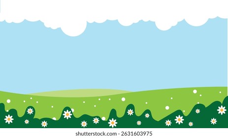 Blooming Summer Meadow Landscape Flat Style. Nature scenery, plants and flowers vector art