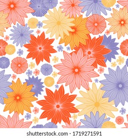 Blooming summer meadow seamless pattern. Plant background of pink, red, yellow and purple flowers. A lot of different flowers on the field. Trendy floral design for fashion, wallpapers, print.
