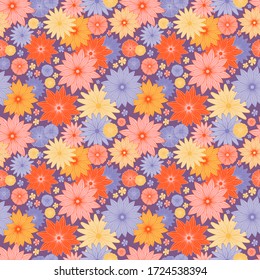 Blooming summer meadow seamless pattern. Plant background of pink, red, yellow and purple flowers. A lot of different flowers on the field. Trendy floral design for fashion, wallpapers, print.