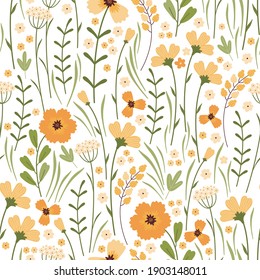 Blooming summer meadow seamless pattern. Repeating floral pattern on white background. Lot of different wild yellow flowers, buds, leaves, stems on the field. Liberty millefleurs. Scandinavian style