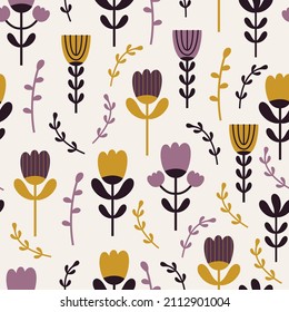 Blooming summer meadow seamless pattern. Repeating pattern stylized floral elements, flowers, stems, meadow grasses on a light background. Rustic style. Hand drawn illustration in Scandinavian style