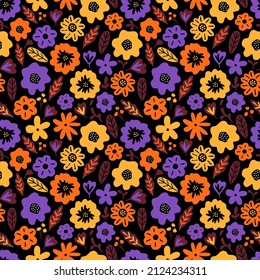 Blooming summer meadow seamless pattern. Repeating floral pattern on dark background. Lot of different wild yellow, red, purple flowers on the field. Liberty mille fleurs. Scandinavian style 