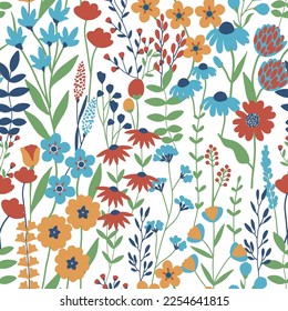 Blooming summer meadow seamless pattern. Repeating floral pattern on white background. Lot of different wild yellow flowers, buds, leaves, stems on the field. Liberty millefleurs. Scandinavian style