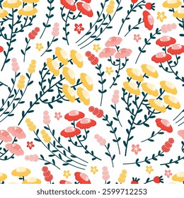 Blooming summer meadow vector seamless pattern. Repeating floral pattern on white background. Spring wildflowers, daisies, chamomile, buds, leaves. Lot of different flowers yellow, red, pink color