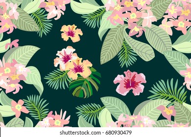 Blooming summer paradise. Seamless vector pattern with tropical flowers and foliage. Summer textile collection. On dark green background.