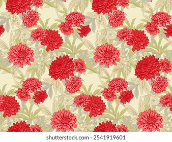 Florescente verão padrão floral sem emenda. Resumo artístico crisântemo peônias dálias flores em ramos folhas imprimir. Ilustração desenhada por vetor. Ornamento de natureza 