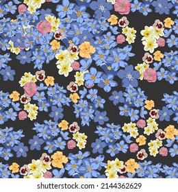 Blooming summer seamless pattern. Plant background for fashion, wallpapers, print. A lot of different flowers on the field.