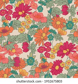 Blooming summer or spring meadow seamless pattern. Plant background for fashion, wallpapers, print. Pink, orange and blue flowers on black. Liberty style floral. Trendy floral design