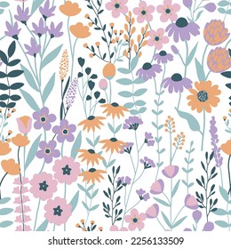 Blooming summer and spring meadow seamless pattern.  Lot of different wild yellow flowers, buds, leaves, stems on the field. Liberty millefleurs. Scandinavian style