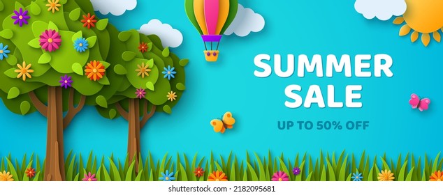 Blooming summer trees paper cut poster. Vector illustration. Horizontal banner header with blue sky, sun, flowers, butterfly, hot air balloon. Place for text. Spring border frame, sale promo card.