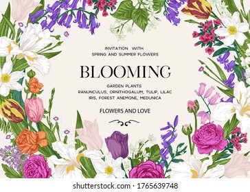  Blooming. Summer wedding invitation with garden flowers. Horizontal. Vector botanical illustration. Iris, tulip, bell, ranunculus, forest anemone, lilac, star of Bethlehem, clove.