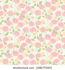 Blooming summer wild meadow seamless pattern on a light background. Abstract artistic branches with ditsy flowers, small leaves, tiny buds printing. Vector hand drawing sketch. Template for designs