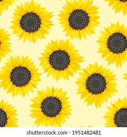 Blooming sunflower on yellow background. Floral seamless pattern. Vector illustration in cartoon flat style.