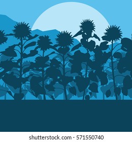 Blooming sunflowers field vector background landscape with mountains