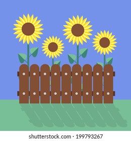 blooming sunflowers in the garden fence in flat design