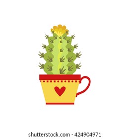 Blooming Tall Cactus In A Cup Flat Cartoon Childish Style  Vector Icon Isolated On White Background