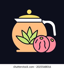 Blooming tea RGB color icon for dark theme. Tea leaves dried with flowers. Beverage brews in transparent mug. Isolated vector illustration on night mode background. Simple filled line drawing on black