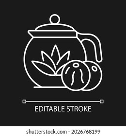 Blooming tea white linear icon for dark theme. Tea leaves dried with flowers. Chinese drink. Thin line customizable illustration. Isolated vector contour symbol for night mode. Editable stroke