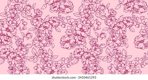 Blooming textured branches flowers with buds, leaves seamless pattern. Vector hand drawn. Pastel background with abstract artistic  graphic floral printing. Design for fashion, fabric, wallpaper.