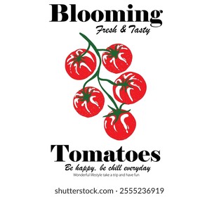 Blooming tomatoes art. Tomato vegetable artwork for t shirt print, poster, sticker and other uses. Fresh vegan food. Red tomato vintage t-shirt design. Organic vegetable farm.