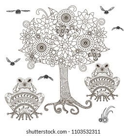 Blooming tree with bee, ornamental frog for coloring book, design elements anti stress stock vector illustration