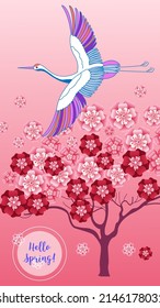 Blooming tree and birds. Design template of spring background. Stories wallpapers - autumn, winter, spring and summer landscapes 