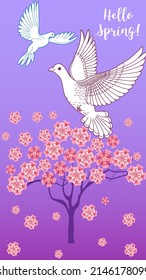 Blühende Bäume und Vögel. Design-Vorlage auf Federhintergrund. Geschichten-Wallpaper - Herbst-, Winter-, Frühling- und Sommerlandschaften 