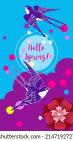 Blooming tree and birds. Design template of spring background. Stories wallpapers - autumn, winter, spring and summer landscapes 