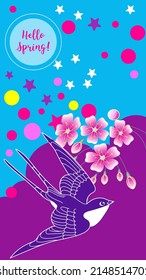 Árbol floreciente y pájaros. Plantilla de diseño de fondo de primavera. Fondos de pantalla de historias - paisajes de primavera y verano 