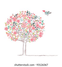 blooming tree and birds in love