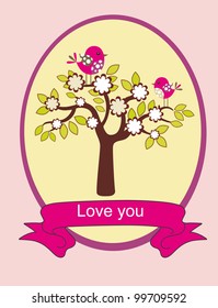 blooming tree and birds in love