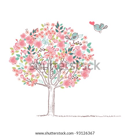 blooming tree and birds in love 商業照片 © 