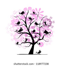 Blooming tree with birds for your design