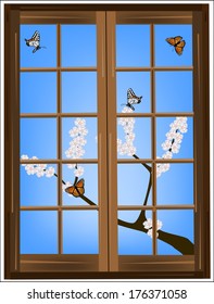 blooming tree branch with butterflies in the window