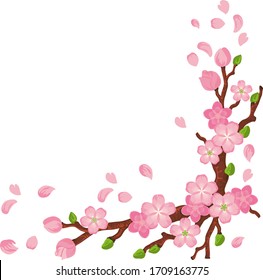 Rama de árbol en flor para un marco cuadrado. Flores rosas y manzanas verdes o cerezos. Pétalos voladores