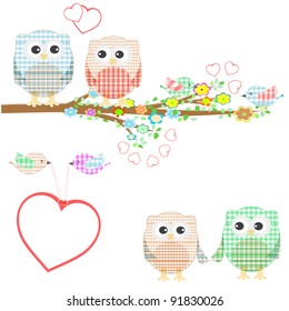 Blooming tree and branches with sitting birds and owls