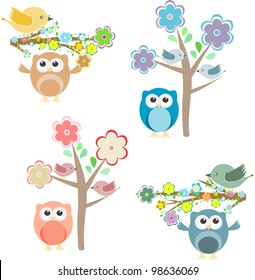 Blooming tree and branches with sitting birds and owls