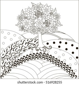 Blooming tree with butterfly on ornamental hills for coloring book, anti stress vector illustration